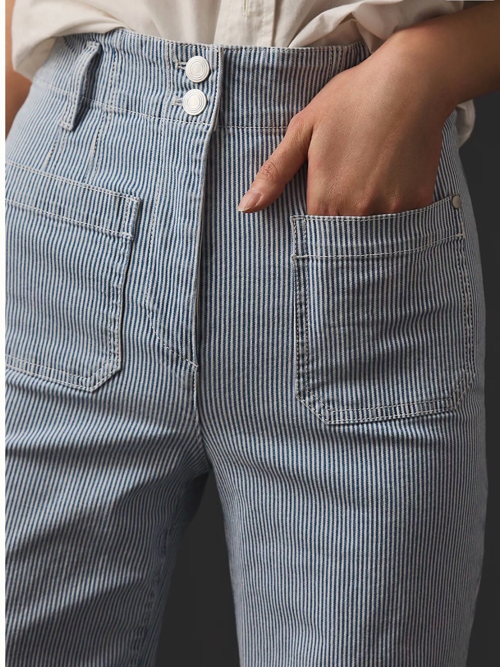 Maeve By Anthropologie The Junie High Rise Blue & White Striped Flare Jeans (31) - Picture 6 of 8